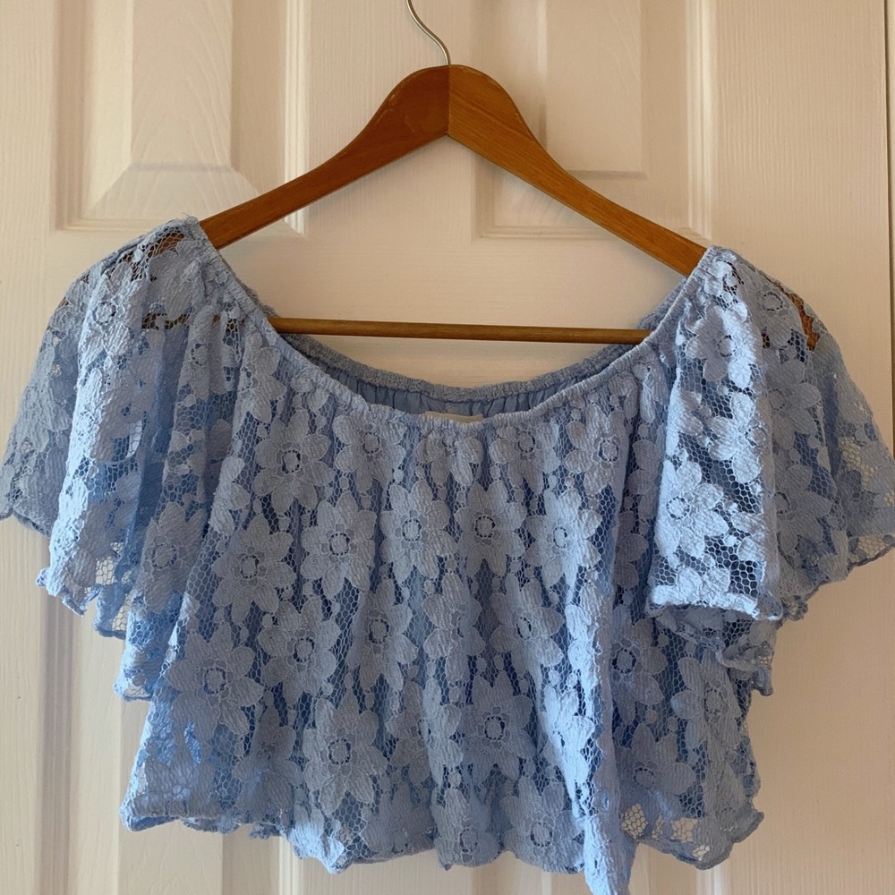 Blue Floral Lace Off-the-Shoulder Crop Top